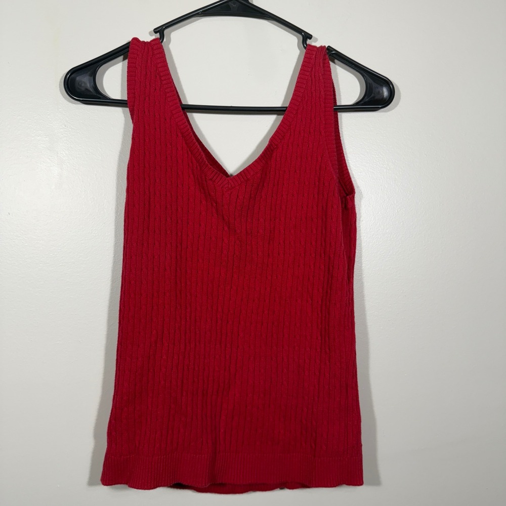 Vintage Jeanne Pierre Red Ribbed Knit‎ V Neck Sleeveless Tank Top Womens Medium
